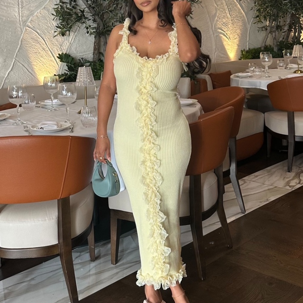 Meshki yellow ruffle bodycon dress